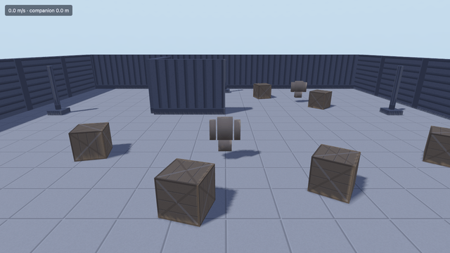 A grey tiled courtyard ringed by dark panelled walls under a pale sky: the rigged character stands in the middle among scattered wooden crates, three beacon posts sit around the floor, and a chip in the top corner reads the player's speed and the companion's distance.