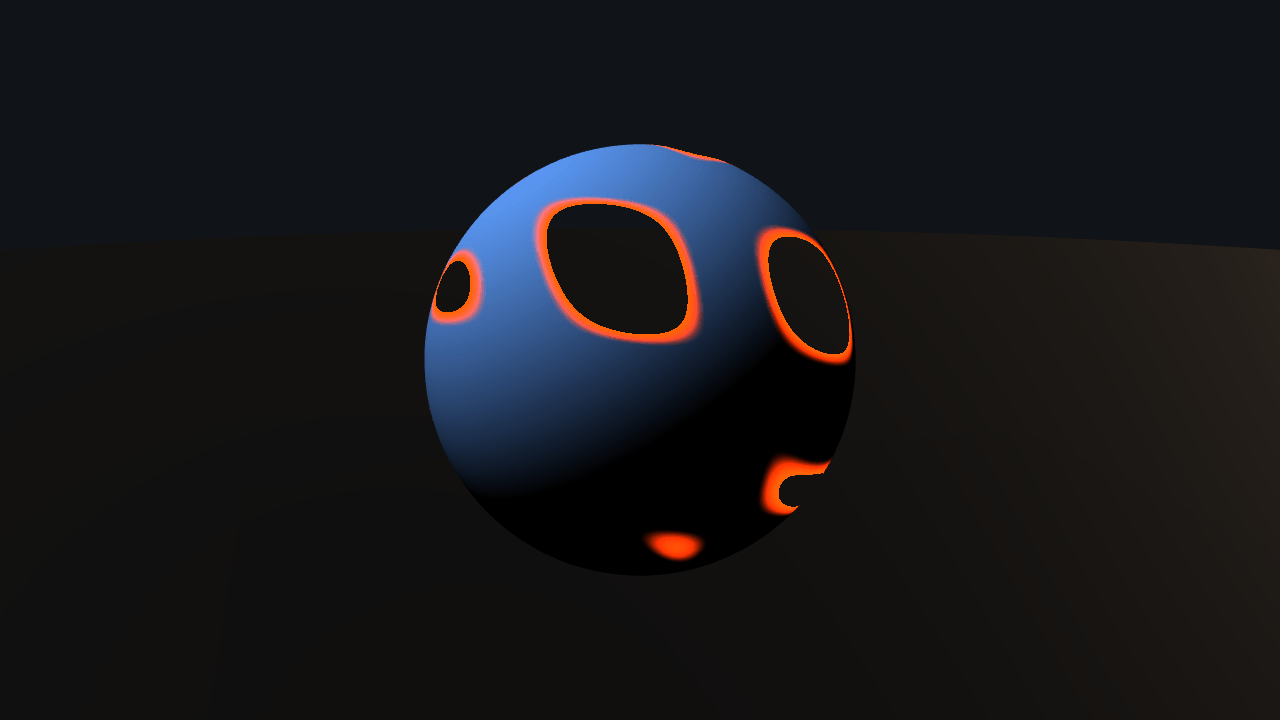 A blue-grey sphere on a near-black floor with several rounded holes eaten through it, each hole ringed by a band of glowing orange where the surface is burning away, against a faint pool of light behind it.