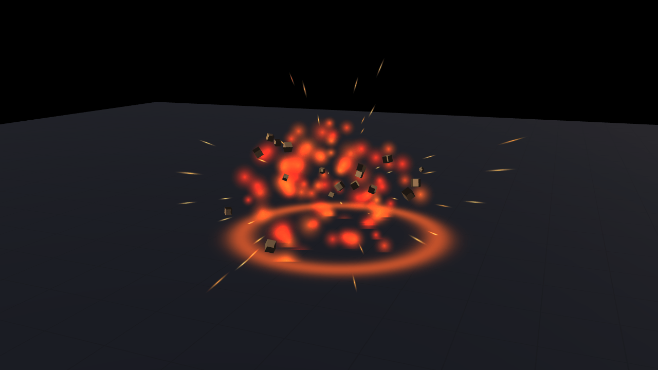 An orange fireball of overlapping particles bursting above a dark grid floor, with bright streaks of sparks thrown outward, small dark boxes of debris tumbling through them, and a glowing ring spreading across the floor beneath.