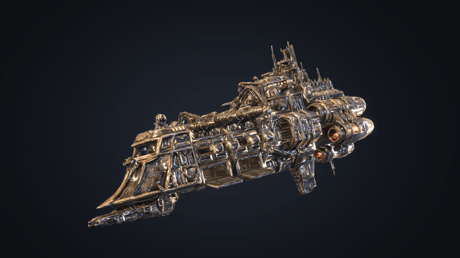 A detailed metal spaceship crossing the frame nose-down, seen from slightly below and in front: a warm key light picks out its worn hull plating, a rim light behind it burns the wing edges, its engines glow, and behind it a faint pool of light falls away to black at the corners.
