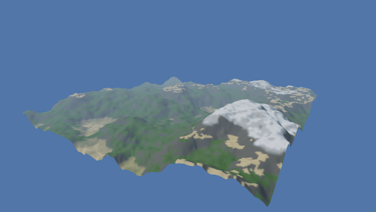 A square of rolling procedural land seen from above and to one side: pale sand in the hollows, green slopes, grey rock on the steep faces and a little white on the high ground, its far edge dissolving into pale blue fog.