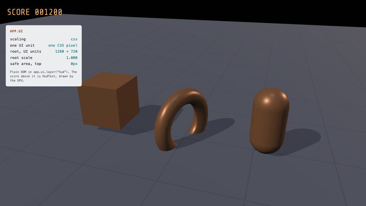 Three copper shapes turning on a grid floor, with an orange pixel-font score reading SCORE 001200 in the top-left corner and a small readout panel below it listing the overlay's scaling mode, unit, size and scale.